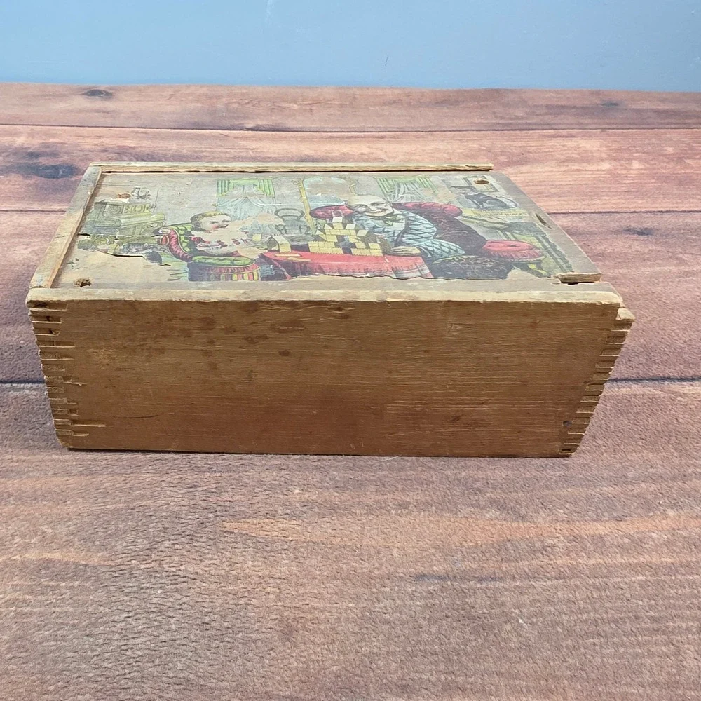 Crandall's Building Blocks Toy Box Kids OS Brown Fair Antique Wood Lithograph